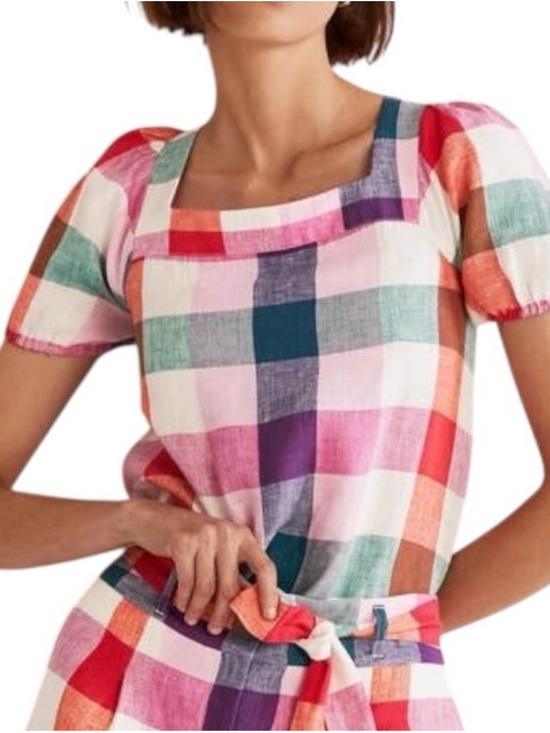 Boden Tops - Boden Gingham Check Linen Square Neck Short Puff Sleeve Top